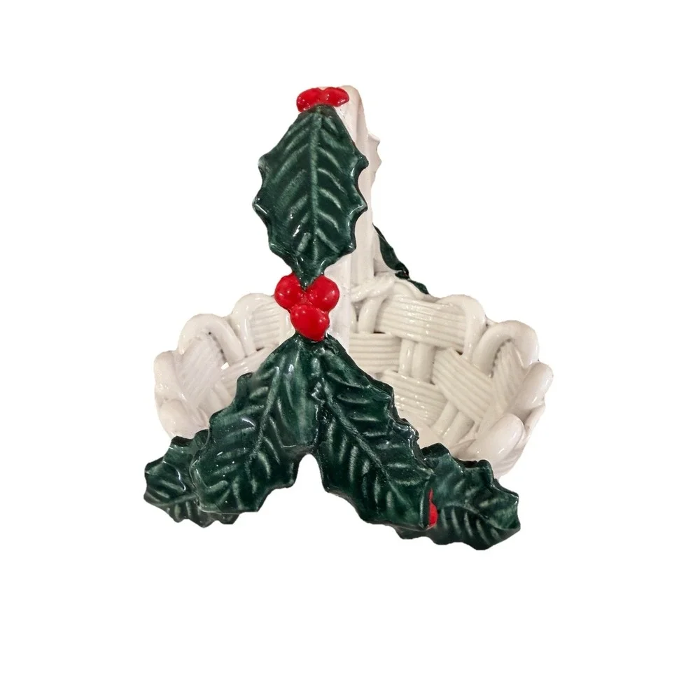 Vintage Ceramic Basket Handle Holly Berries Christmas 8